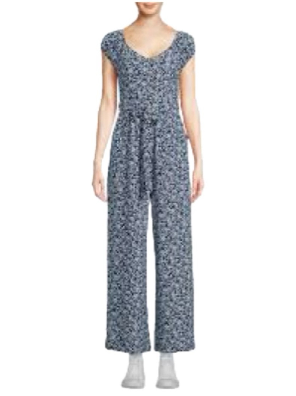 No Boundaries Navy & White Floral Short-Sleeve Wide-Leg Jumpsuit
